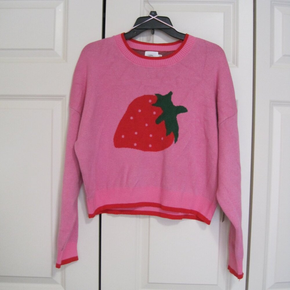 NWT Luna Ivy Chic Pink Strawberry Crew Neck Sweater sz M - Picture 2 of 8